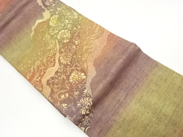 手織り紬道長取りに花唐草・荒波模様織出し名古屋帯